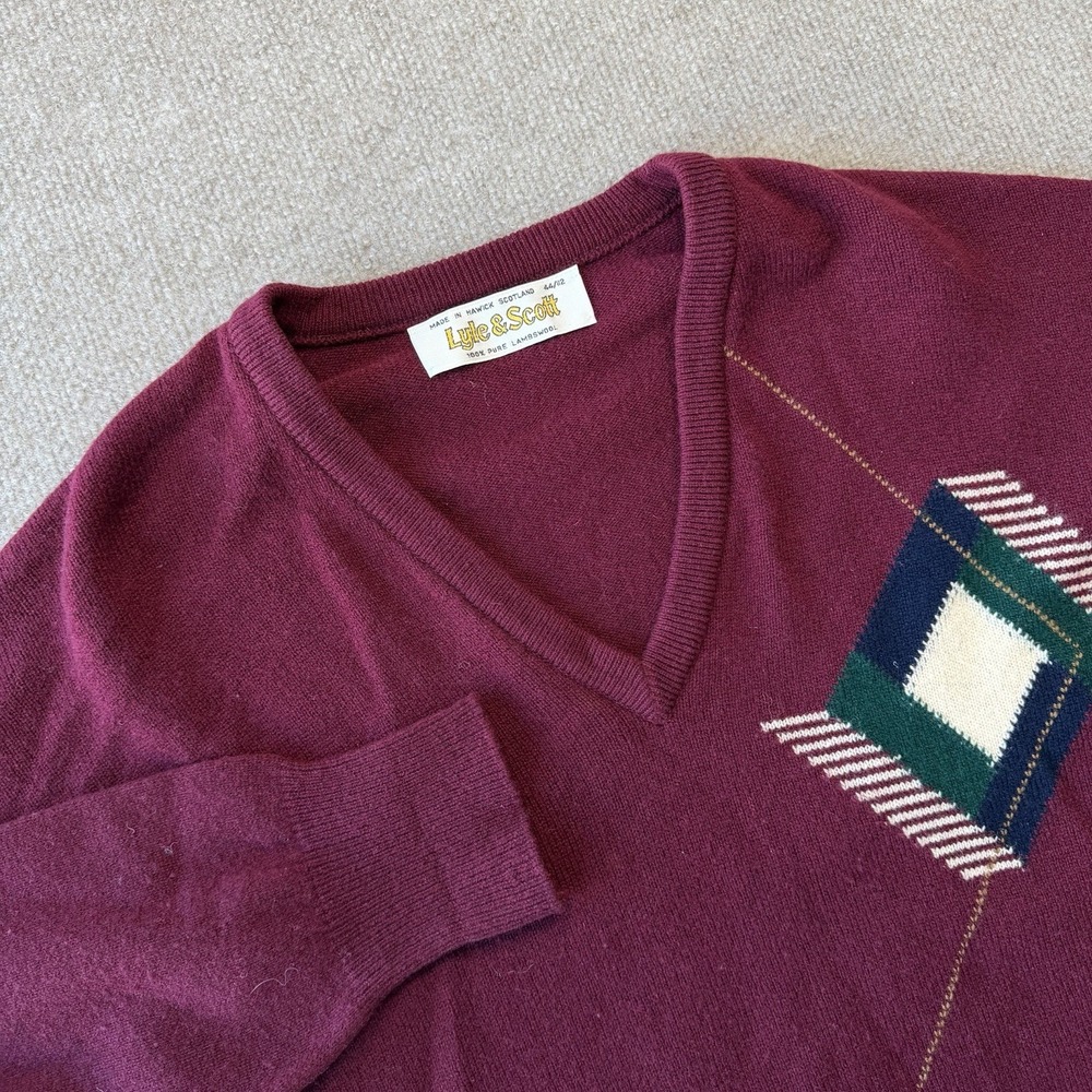Lyle & Scott Horse Embroidery‎ V-neck Sweater Burgundy Size L Men's 100% Wool